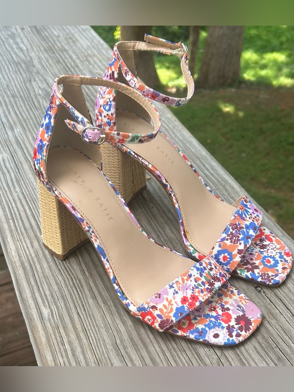 Kelly and Katie Floral Ankle-Strap Block Heel Sandals in Multicolor